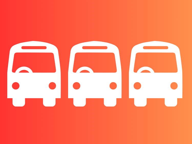 Illustration of 3 bus icons in a row on a fading red background.