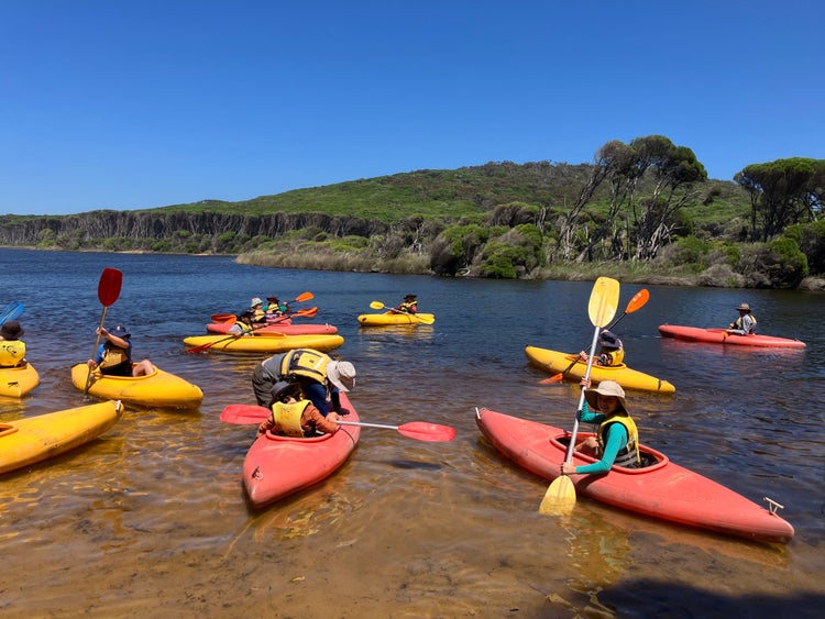 Multiple students in kayaks paddling out into an inlet.